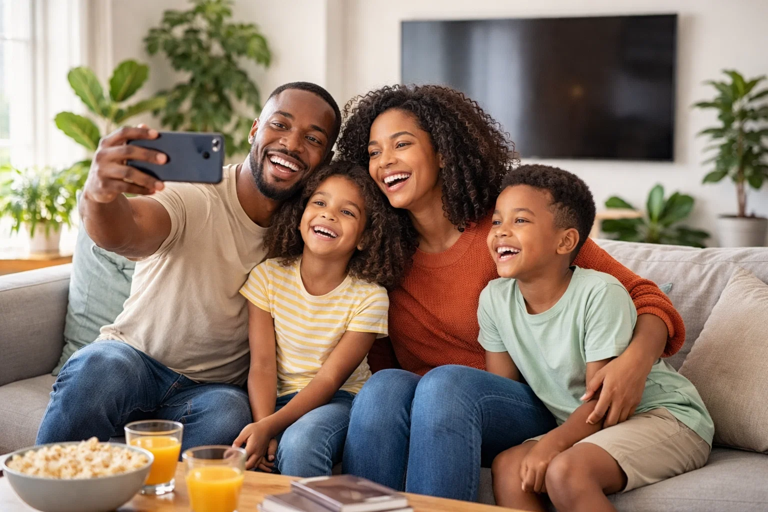 Happy family staying connected with free government phone